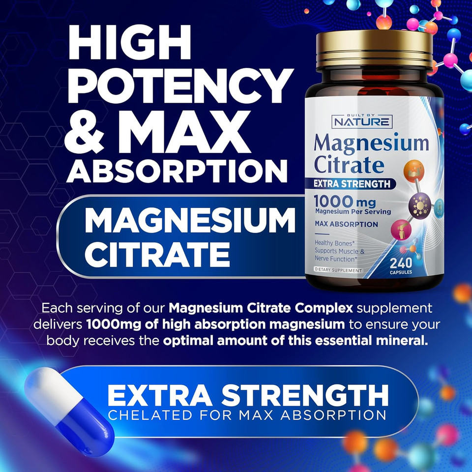 Magnesium Citrate 1000Mg - Max Absorption & High Potency Magnesium Complex Supplement For Heart, Muscle, Nerve, Bone Health & Stress Relief - Non-Gmo, Gluten-Free - 240 Vegan Capsules