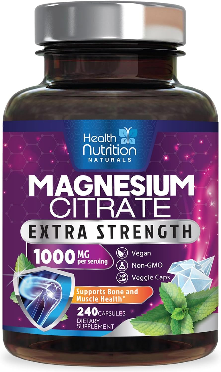 Magnesium Citrate Capsules 1000Mg - Max Absorption Magnesium Powder For Muscle, Nerve, Bone And Heart Health Support, High Absorption Citrate Complex, Gluten Free, Non-Gmo - 240 Capsules