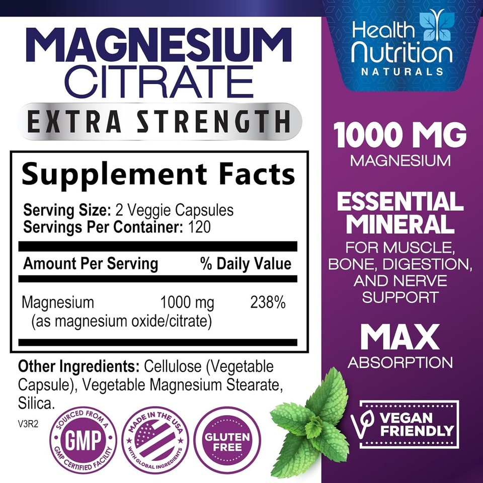 Magnesium Citrate Capsules 1000Mg - Max Absorption Magnesium Powder For Muscle, Nerve, Bone And Heart Health Support, High Absorption Citrate Complex, Gluten Free, Non-Gmo - 240 Capsules