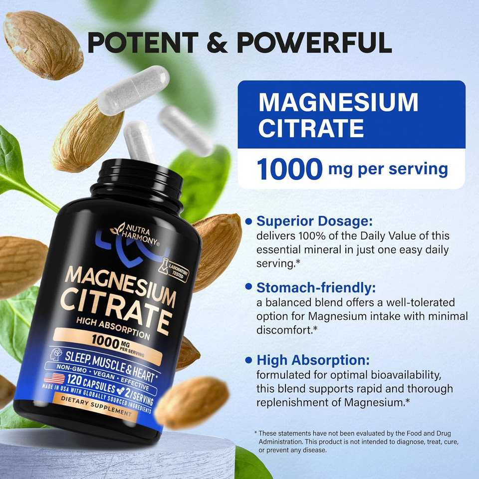 Magnesium Citrate Capsules 1000Mg | High Absorption Supplement - Sleep, Muscle & Heart Support - Vegan | Non-Gmo - Made In Usa - As Powder | Pills | Tablets - 240 Capsules, 4 Month Supply