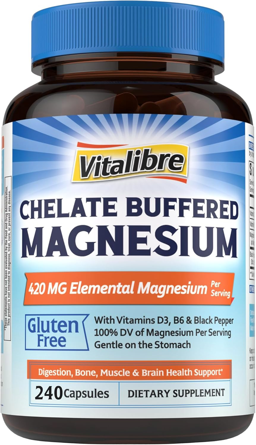 Magnesium Citrate Complex Supplement, 420 Mg Elemental Magnesium, Vitamins D3 & B6, Bone Health, Relaxed Muscles, Nerves, Enhanced Absorption With Black Pepper, 240 Capsules, Non-Gmo