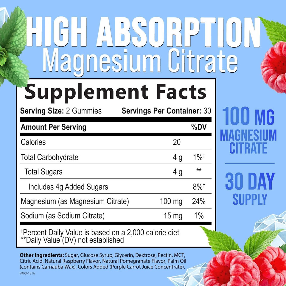 Magnesium Citrate Supplement Gummies - High Absorption Magnesium Gummy For Adults & Kids, Magnesio Citrate Supplements For Bone, Muscle Health, Heart Support, Vegan, Gluten Free, Non-Gmo - 60 Gummies