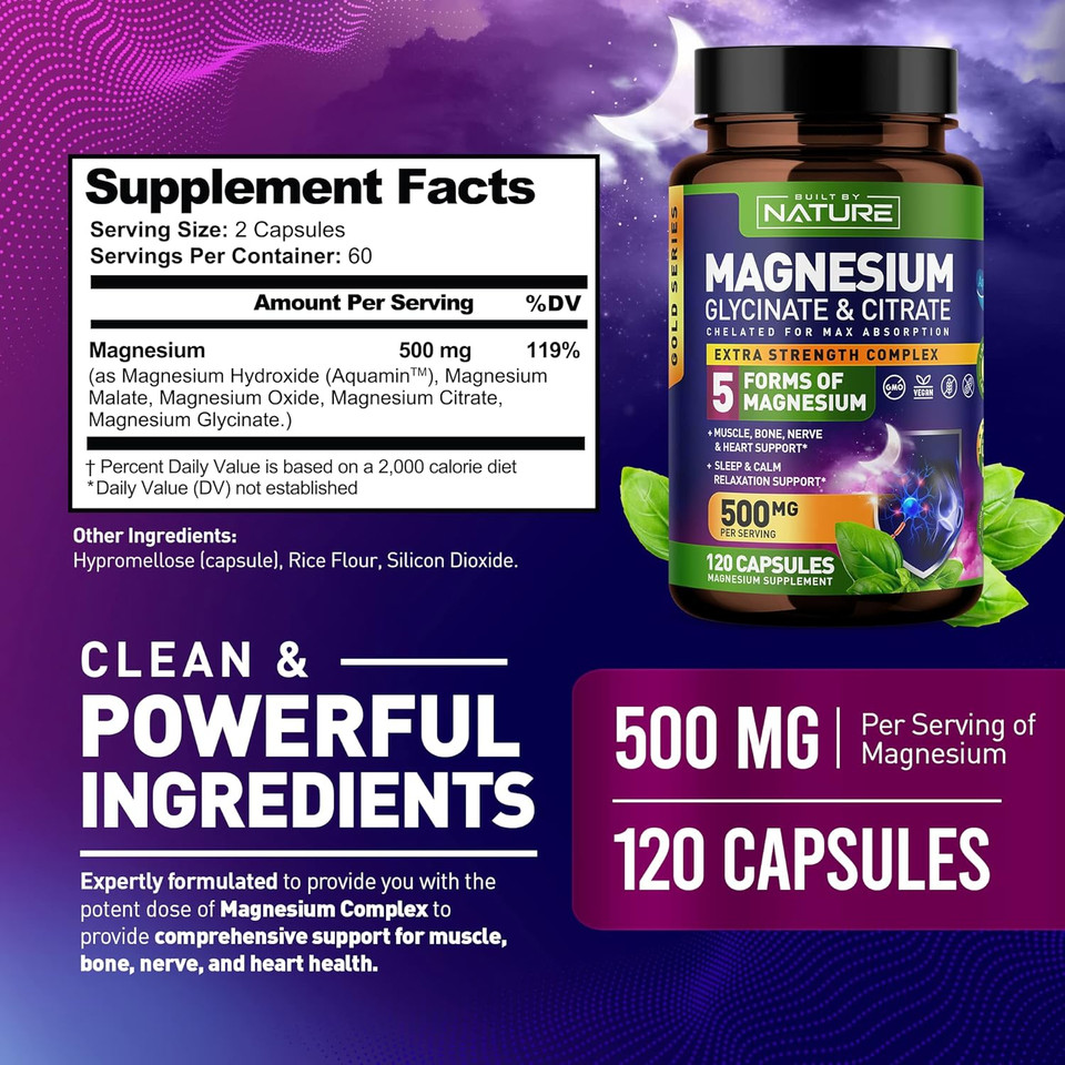 Magnesium Complex 500Mg - 5 Forms Of Magnesium Glycinate, Citrate, Malate, Oxide & Aquamin With 72 Trace Minerals - Chelated For Absorption - Supplement For Muscle, Nerve, Heart & Sleep (120 Capsules)