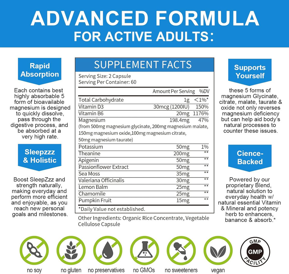 Magnesium Complex Chelated Magnesium Glycinate W/Malate, Taurate& Herbal Extracts For Support Sleep, Muscle,Cortisol & Heart Health, Gluten Free, Vegan, Non Gmo, High Absorption, 90 Capsules