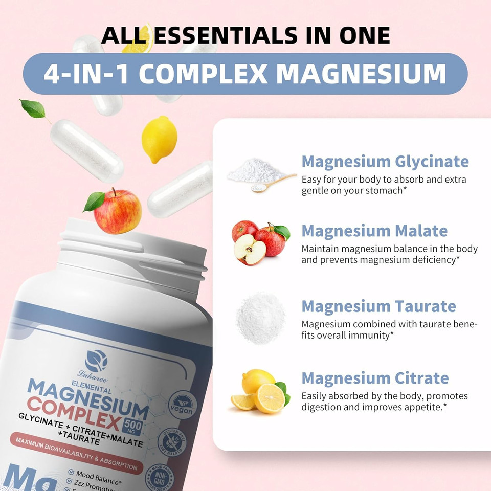 Magnesium Complex Supplement 500Mg, Magnesium Glycinate, Malate, Taurate, Citrate Complex & Herbal Extracts, High Absorption Chelated 120 Vegan Non-Gmo Capsules For Rest, Energy, Mood