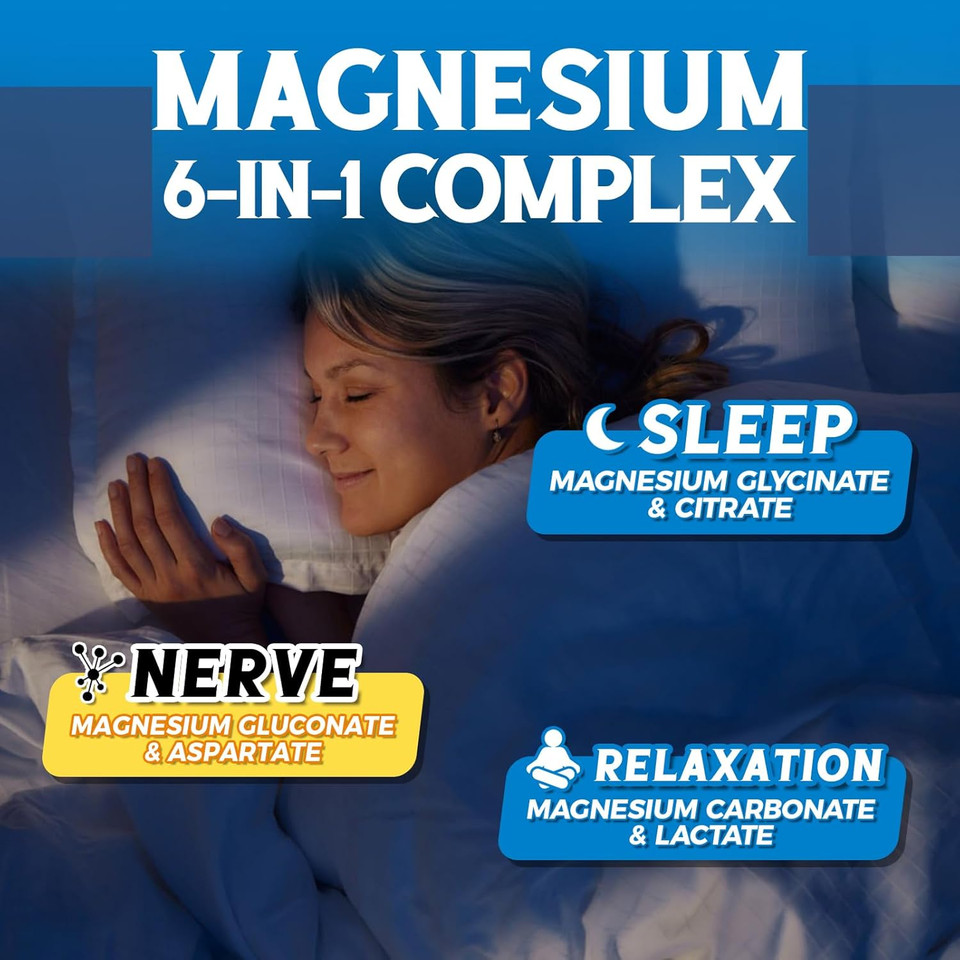 Magnesium Complex Supplement 6 In 1, 1160Mg Chelated Magnesium For Max Absorption, Help With Better Sleep, Relaxation & Nerve Calm, 120 Vegan Capsules, Non Gmo & Gluten Free
