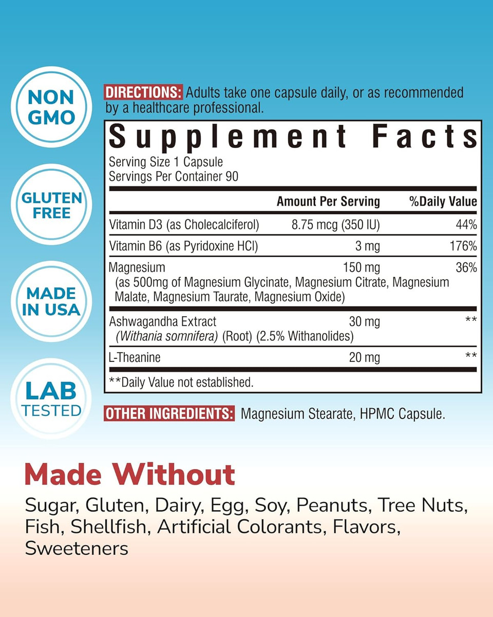 Magnesium Complex With Ashwagandha & L-Theanine - Stress Relief, Bone & Nerve Support - W/Vitamin D3, B6 - Glycinate, Citrate, Malate, Taurate - 90 Vegan Capsules, Non-Gmo, Gluten Free