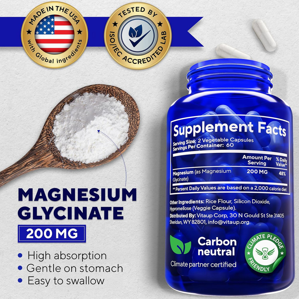 Magnesium Glycinate 200Mg - Usa Made Magnesium Supplement For Sleep, Heart, Bones, Metabolism Support - High Absorption Magnesium Bisglycinate Capsules - 120 Vegan Chelated Capsules