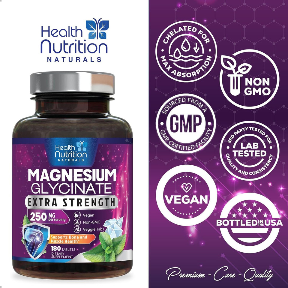 Magnesium Glycinate 250 Mg - High Absorption, Gentle Chelated Tablets For Muscle, Nerve, Bone & Heart Health Support - 100% Chelated, Non-Gmo, Gluten Free, Vegan, Third-Party Tested - 120 Tablets