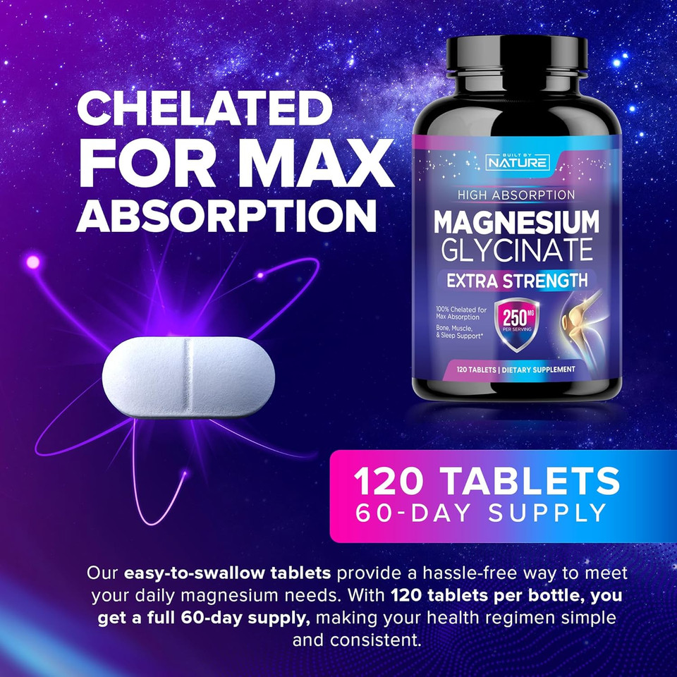 Magnesium Glycinate 250Mg - High Absorption Chelated Magnesium Supplement - 100% Pure Magnesium Glycinate - Stress, Sleep, Heart, And Muscle Health Support - Non-Gmo, Vegan, Gluten-Free (120 Tablets)