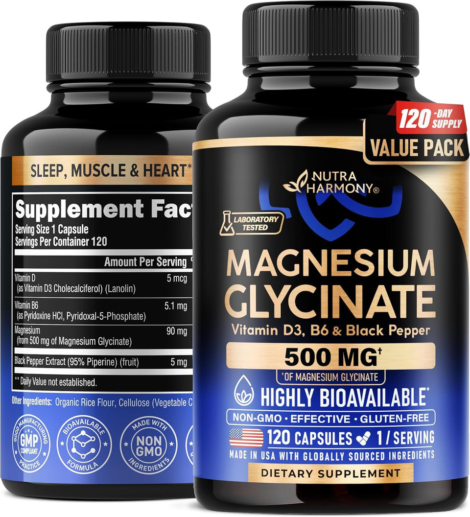 Magnesium Glycinate 500 Mg - Chelated Supplement - 98% High Absorption - Sleep, Muscle & Heart Health Support - Made In Usa - Lab Tested & Non-Gmo - 120 Capsules