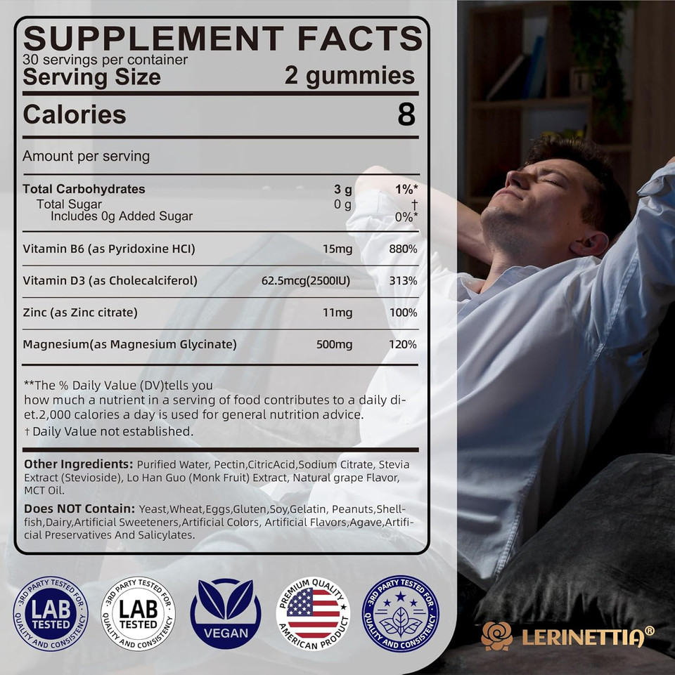 Magnesium Glycinate 500 Mg For Adults - Plus D3,B6 & Zinc - Magnesium Glycinate Gummies,High Absorption - Support For Relaxation,Brain,Bone & Immunity Health - Sugar Free - 120Cts