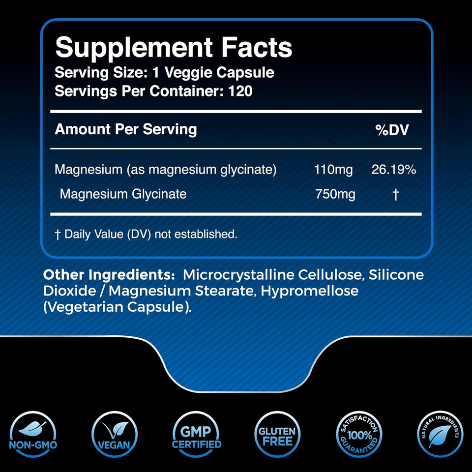 Magnesium Glycinate Capsules - 750Mg | 120 Count, Magnesium Supplement For Women And Men - Pure Complex Glicinato De Magnesio, High Absorption, Heart Health, Sleep Supplement