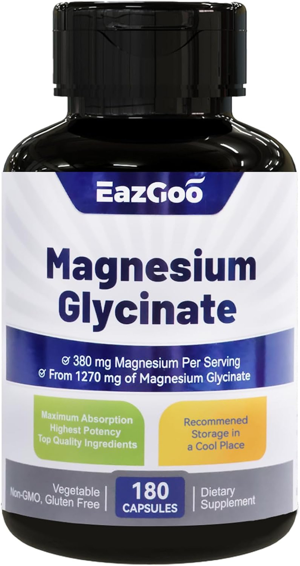 Magnesium Glycinate Capsules 1270Mg, 380Mg Magnesium Supplement, High Absorption Magnesium Glycinate Supplement, Non-Gmo No Gluten, 180 Capsules