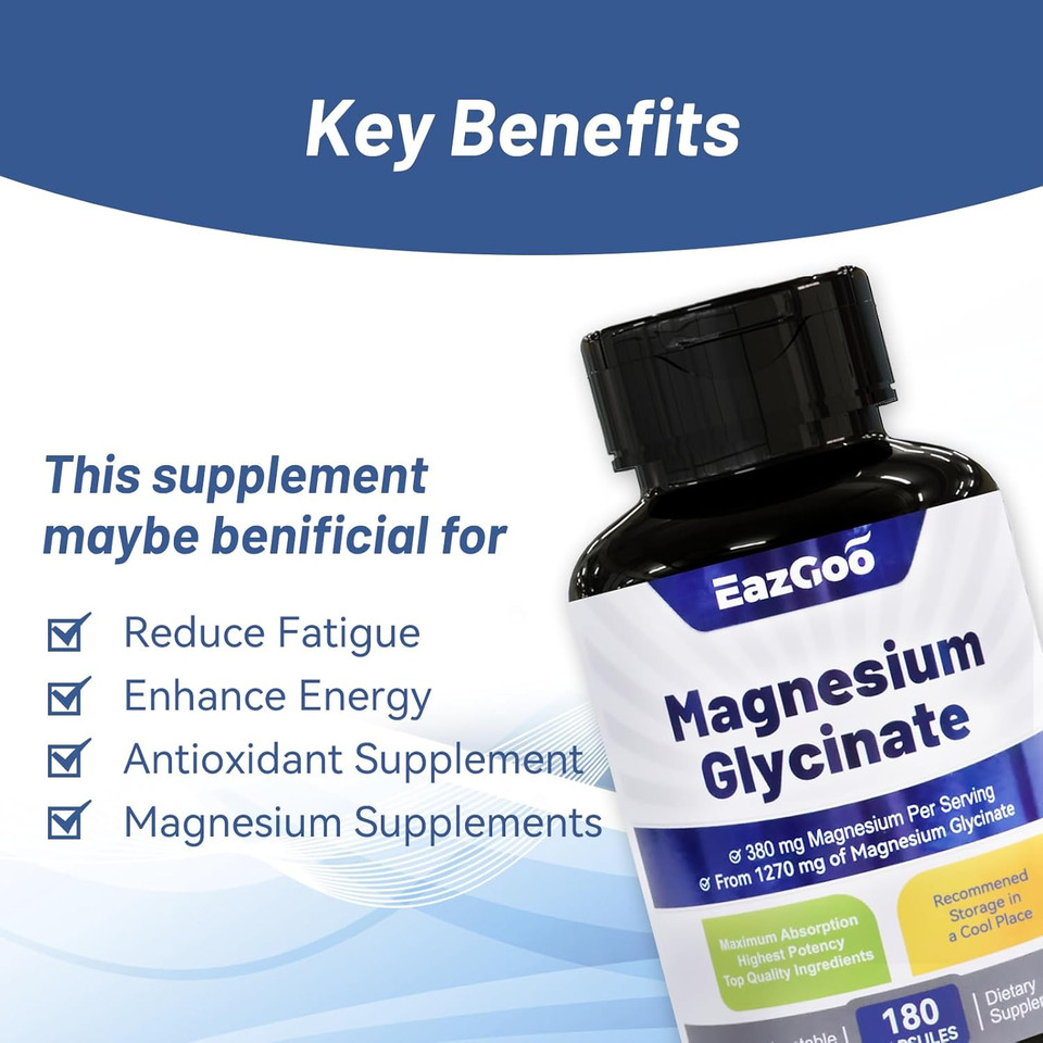 Magnesium Glycinate Capsules 1270Mg, 380Mg Magnesium Supplement, High Absorption Magnesium Glycinate Supplement, Non-Gmo No Gluten, 180 Capsules
