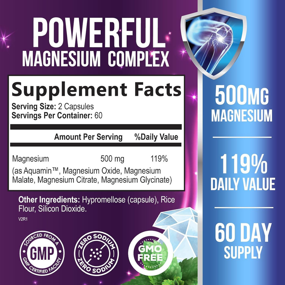 Magnesium Glycinate Capsules 500 Mg With Oxide, Malate, Citrate - For Muscle, Nerve, Bone And Heart Health Support - High Absorption Glycinate Complex Chelated Magnesium Supplement - 120 Capsules