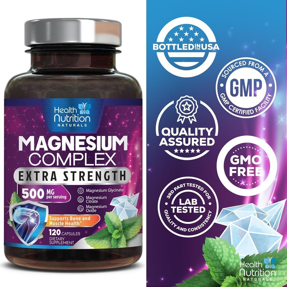 Magnesium Glycinate Capsules 500 Mg With Oxide, Malate, Citrate - For Muscle, Nerve, Bone And Heart Health Support - High Absorption Glycinate Complex Chelated Magnesium Supplement - 120 Capsules