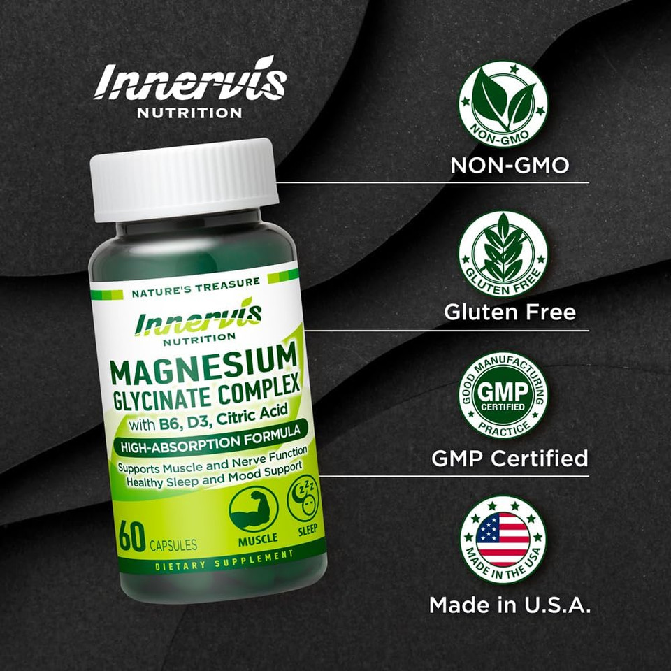 Magnesium Glycinate Complex 60 Capsules With Vitamin B6, D3, Citric Acid Supplement For Muscle, Bones, Sleep, Energy