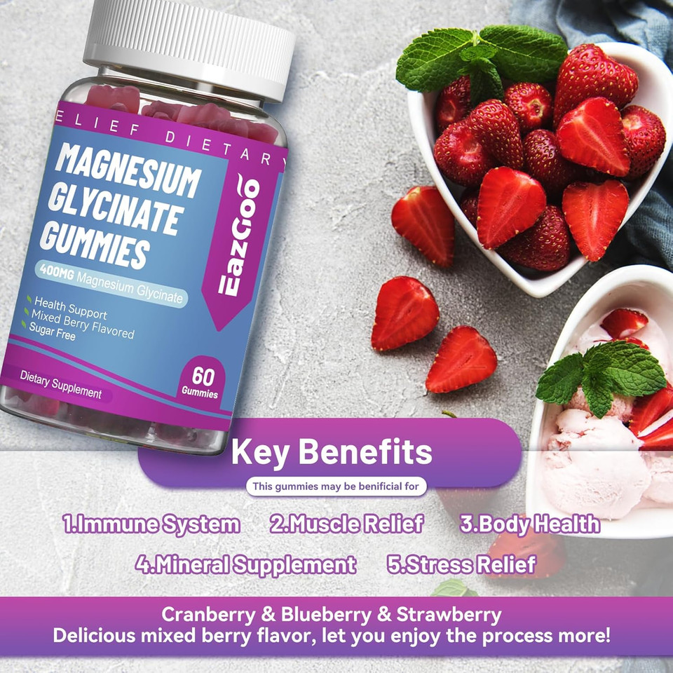 Magnesium Glycinate Gummies 400Mg With L-Threonine 200Mg - Sugar-Free Magnesium Potassium Supplement With Vitamin D, B6, Coq10 For Muscle - 120 Mixed Berry Flavored Gummies