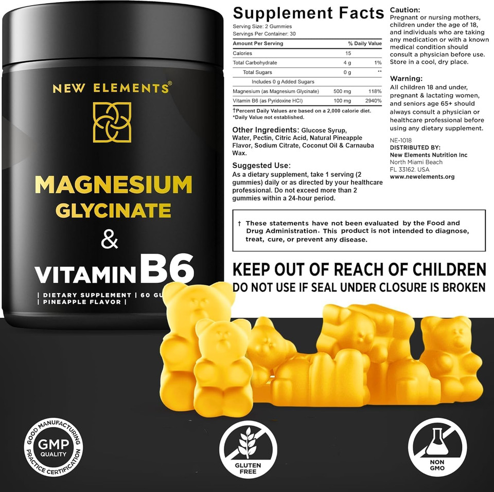 Magnesium Glycinate Gummies 500Mg With Vitamin B6 100Mg For Adults And Kids - High Absorption | Non-Gmo | No Gluten | Stress Relief | Sleep & Relaxation | Muscle & Heart Support | Natural & Vegan