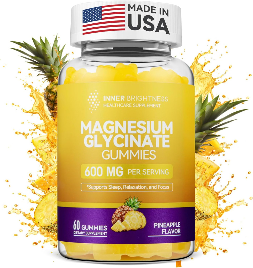 Magnesium Glycinate Gummies 600Mg, Non-Gmo, Gluten-Free, Magnesium Gummies For Adults & Kids, Sleep, Relaxation & Focus, Pineapple Flavor, 60 Count