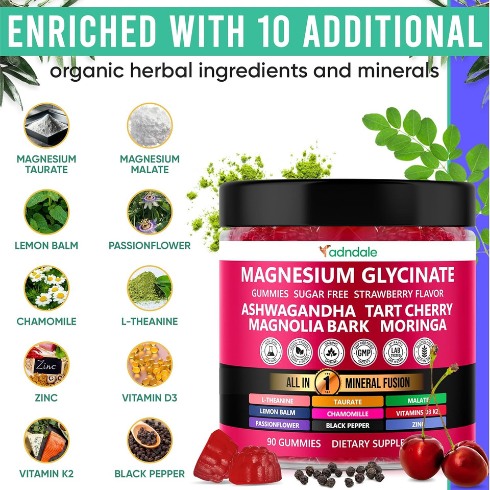 Magnesium Glycinate Gummies 90Ct For Adults And Kids. 150 Mg Chelated Mg With L-Theanine, Passionflower, Chamomile & Lemon Balm. Raspberry Flavor. Clear Thinking, Restful Nights, Muscle Ease