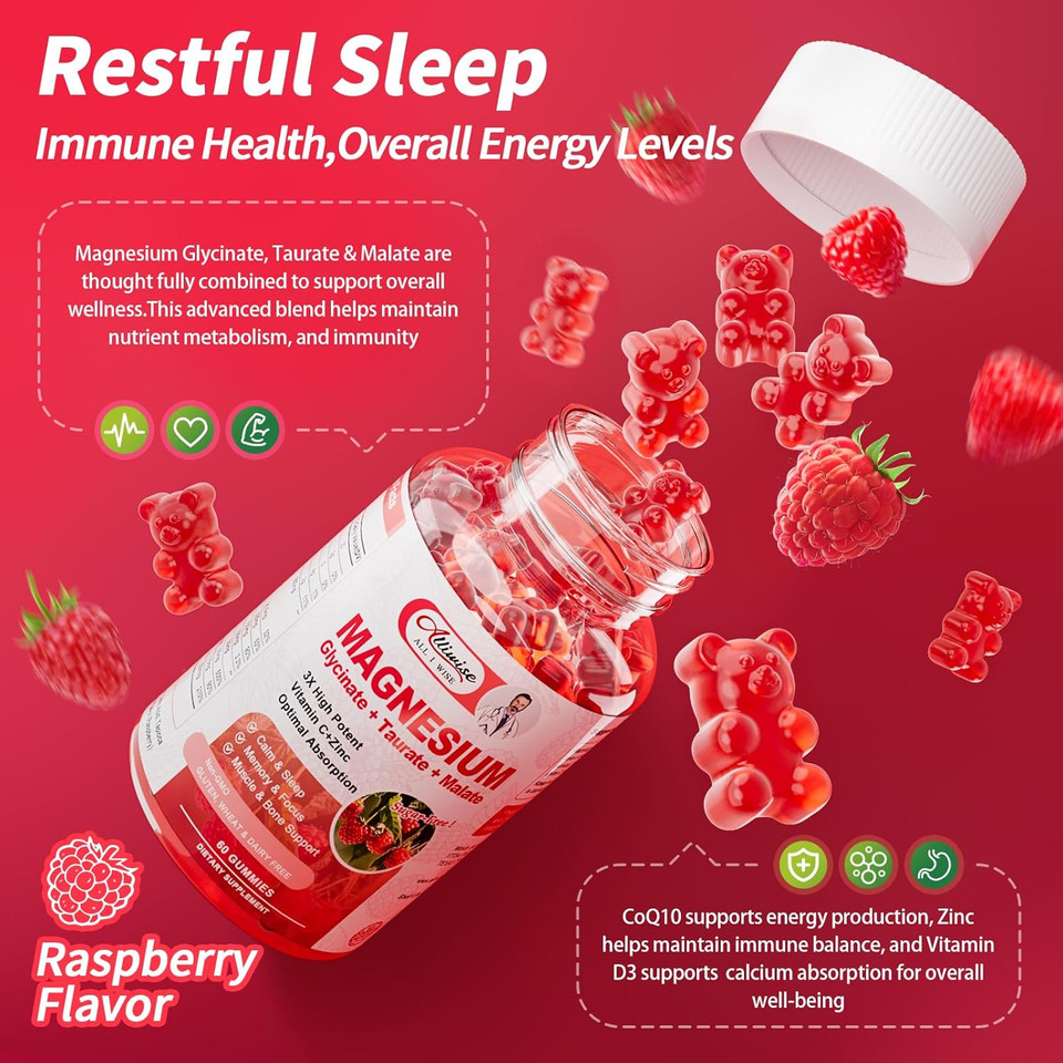 Magnesium Glycinate Gummies,Magnesium Potassium Supplement With Taurate, Malate, Vitamins D, C, B6, Calcium,Body Support,Raspberry Magnesium Gummies For Adults&Kids