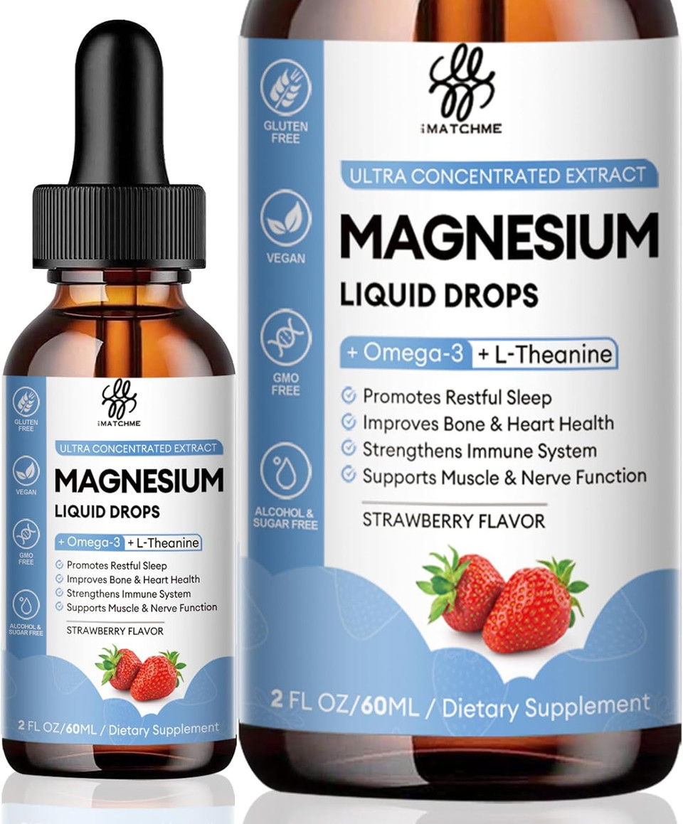 Magnesium Glycinate Liquid Drop With Citrate, Oxide And Taurate, Calm Magnesium With Omega3, L-Theanine, D3, B6, B12 For Calm, Sleep, Leg Cramps, Muscles, Energy, Sugar-Free Strawberry Flavor