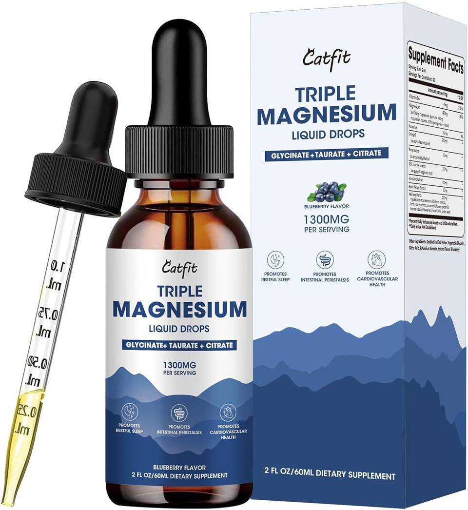 Magnesium Glycinate Liquid Drops With Taurate & Citrate, Magnesium Supplement For Sleep, Calm & Relaxation, With Potassium & Omega-3, High Absorption Formula, Blueberry Flavor, 2 Fl Oz