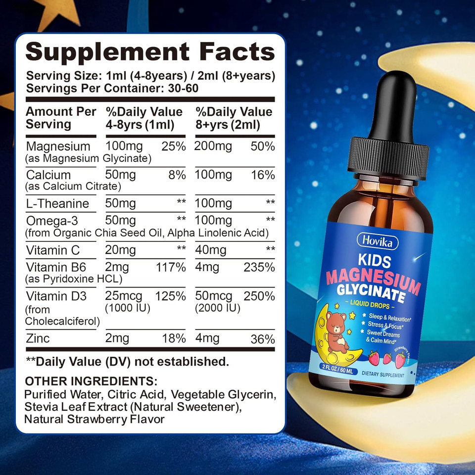Magnesium Glycinate Liquid For Kids - With L-Theanine Omega-3, Vitamin B6, D3, Zinc - Kids Magnesium Drops For Sleep, Relaxation, Calm & Focus - 2 Fl Oz, Strawberry Flavor