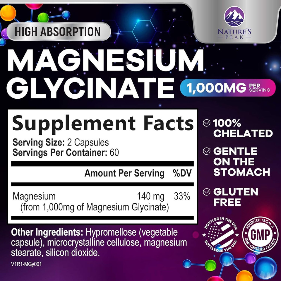 Magnesium Glycinate Supplement Pure 1000 Mg Chelated For Max Absorption - Supports Bone, Muscle, Nerve & Heart Health, Sleep Support - Best Magnesium Pills For Whole Body Support - 120 Capsules