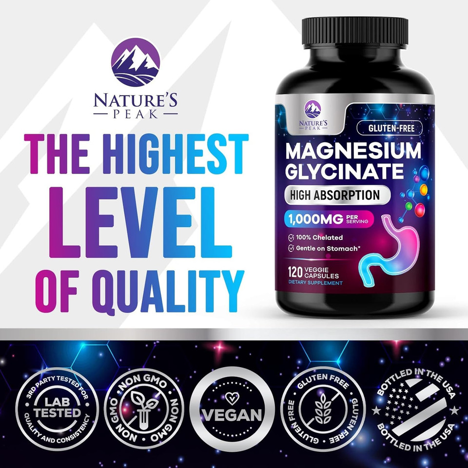 Magnesium Glycinate Supplement Pure 1000 Mg Chelated For Max Absorption - Supports Bone, Muscle, Nerve & Heart Health, Sleep Support - Best Magnesium Pills For Whole Body Support - 60 Capsules