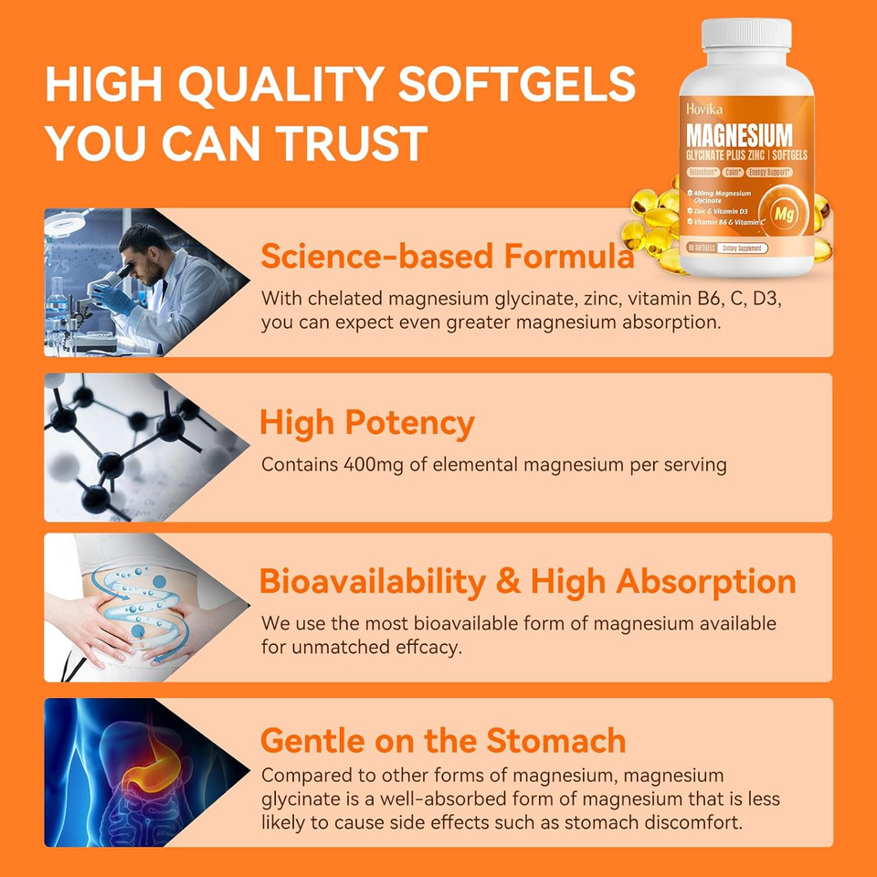 Magnesium Glycinate Supplement Softgels, Magnesium Glycinate 400Mg With Zinc, Vitamin B6, C, D3, Pure Magnesium For Sleep, Calm, Muscle & Bone, Energy, Nervous Support - 120 Vegan Softgels