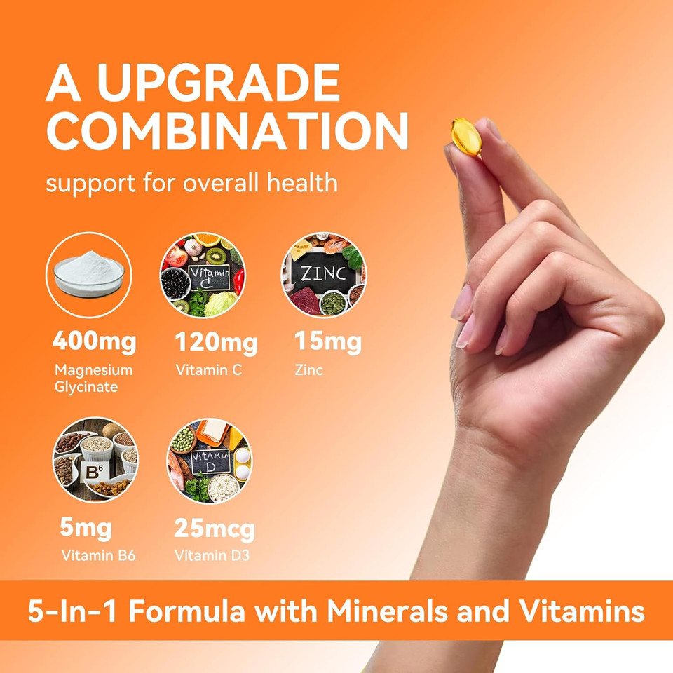 Magnesium Glycinate Supplement Softgels, Magnesium Glycinate 400Mg With Zinc, Vitamin B6, C, D3, Pure Magnesium For Sleep, Calm, Muscle, Energy, Heart Support - 60 Vegan Capsules For Women & Men