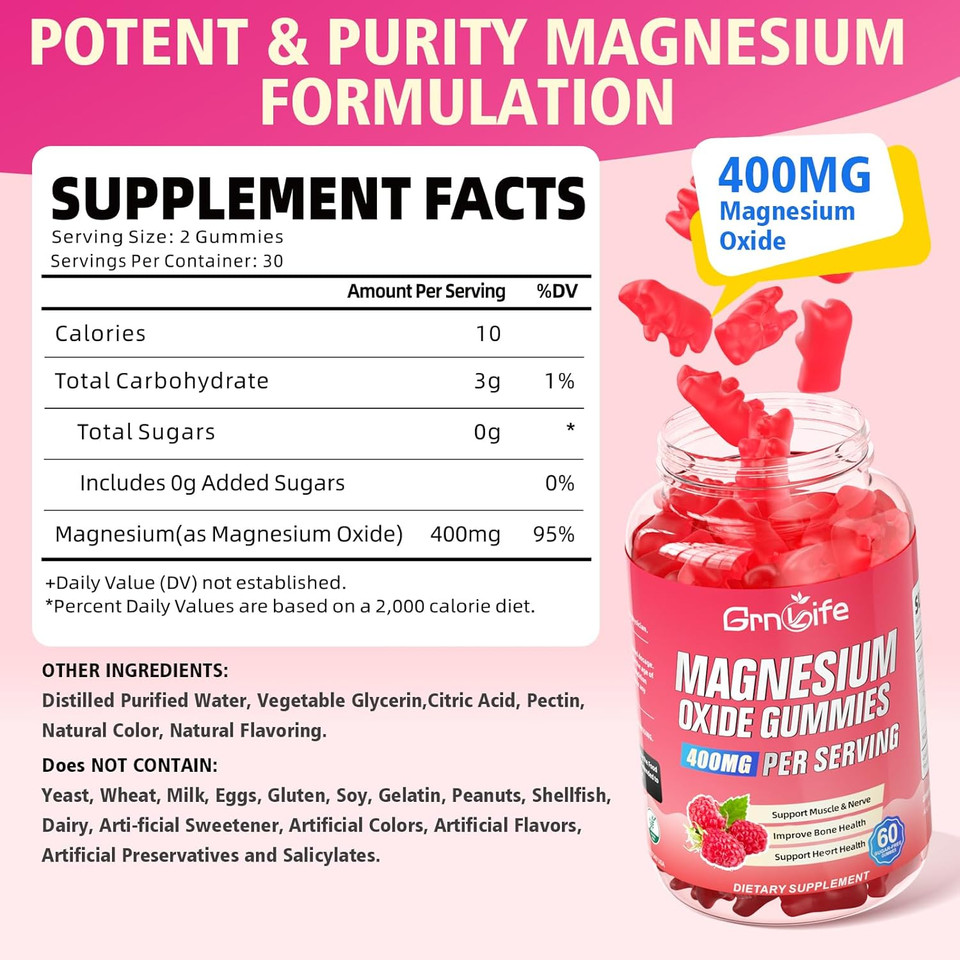 Magnesium Oxide Gummies 400Mg, Chewable Magnesium Oxide Supplement For Adults & Kids, Nerve & Muscle Support, Vegan, Raspberry Flavor, 60 Count