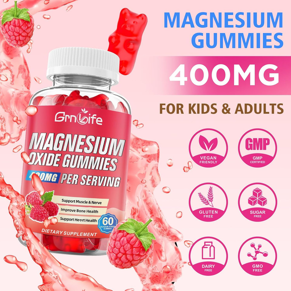 Magnesium Oxide Gummies 400Mg, Chewable Magnesium Oxide Supplement For Adults & Kids, Nerve & Muscle Support, Vegan, Raspberry Flavor, 60 Count