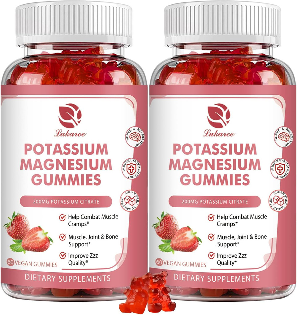 Magnesium Potassium Supplement Gummies - New Formula Calm Magnesium Glycinate Gummies & Potassium Citrate 200 Mg Plus Omega 3, B6, D3, K2 & Calcium For Zzz, Leg Cramps & Muscle - 120 Count