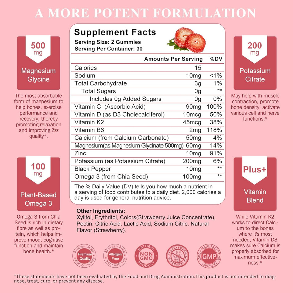 Magnesium Potassium Supplement Gummies - New Formula Calm Magnesium Glycinate Gummies & Potassium Citrate 200 Mg Plus Omega 3, B6, D3, K2 & Calcium For Zzz, Leg Cramps & Muscle - 120 Count
