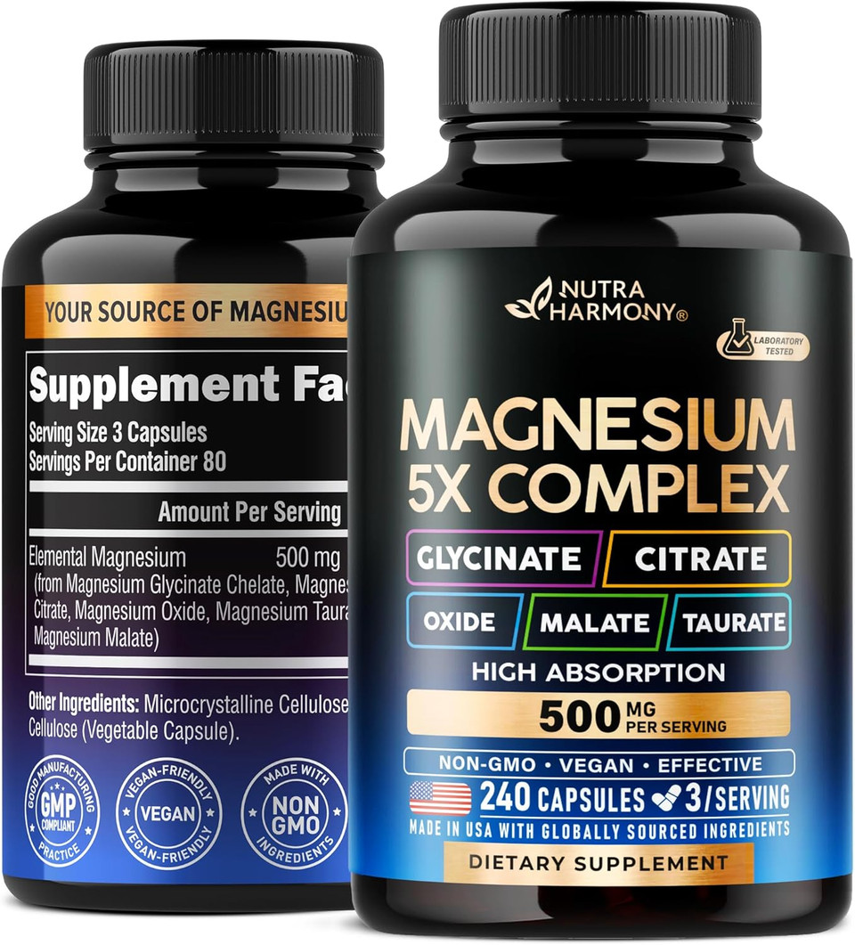 Magnesium Supplement - 5 In 1 Complex 500 Mg | Glycinate | Citrate | Malate | Taurate | Oxide - Made In Usa - Stress, Muscle & Heart Support - Vegan, Natural, Non-Gmo - 240 Capsules