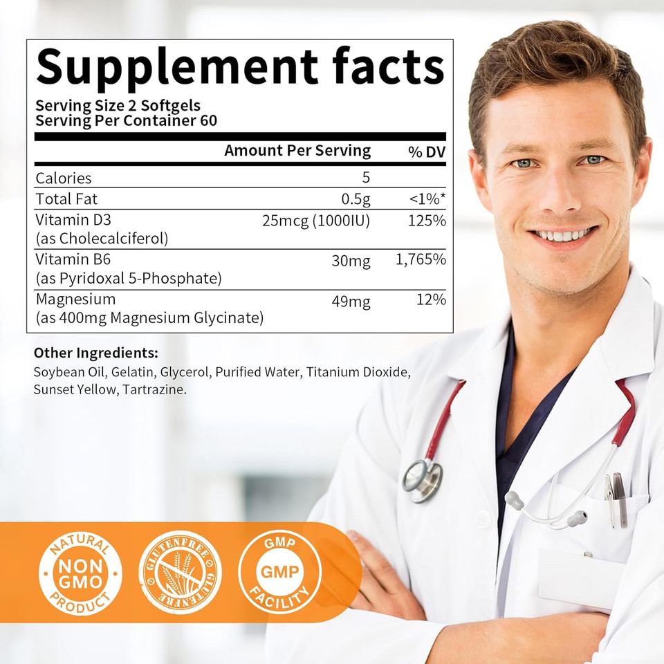 Magnesium Supplement Softgels, Easy Absorption Magnesium Glycinate 400Mg With Vitamin B6,D3, High Bioavailability Magnesium For Sleep & Calm Support, Nervous, Muscle & Bone Health