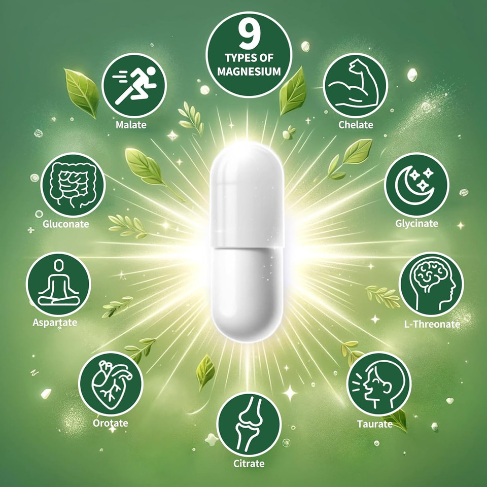 Magnesium Supplement With 9 Forms Of High Absorption Magnesium Glycinate, L-Threonate, Citrate, Malate And More For Muscle, Brain Support, Non-Gmo, Gluten & Soy Free, 60 Capsules