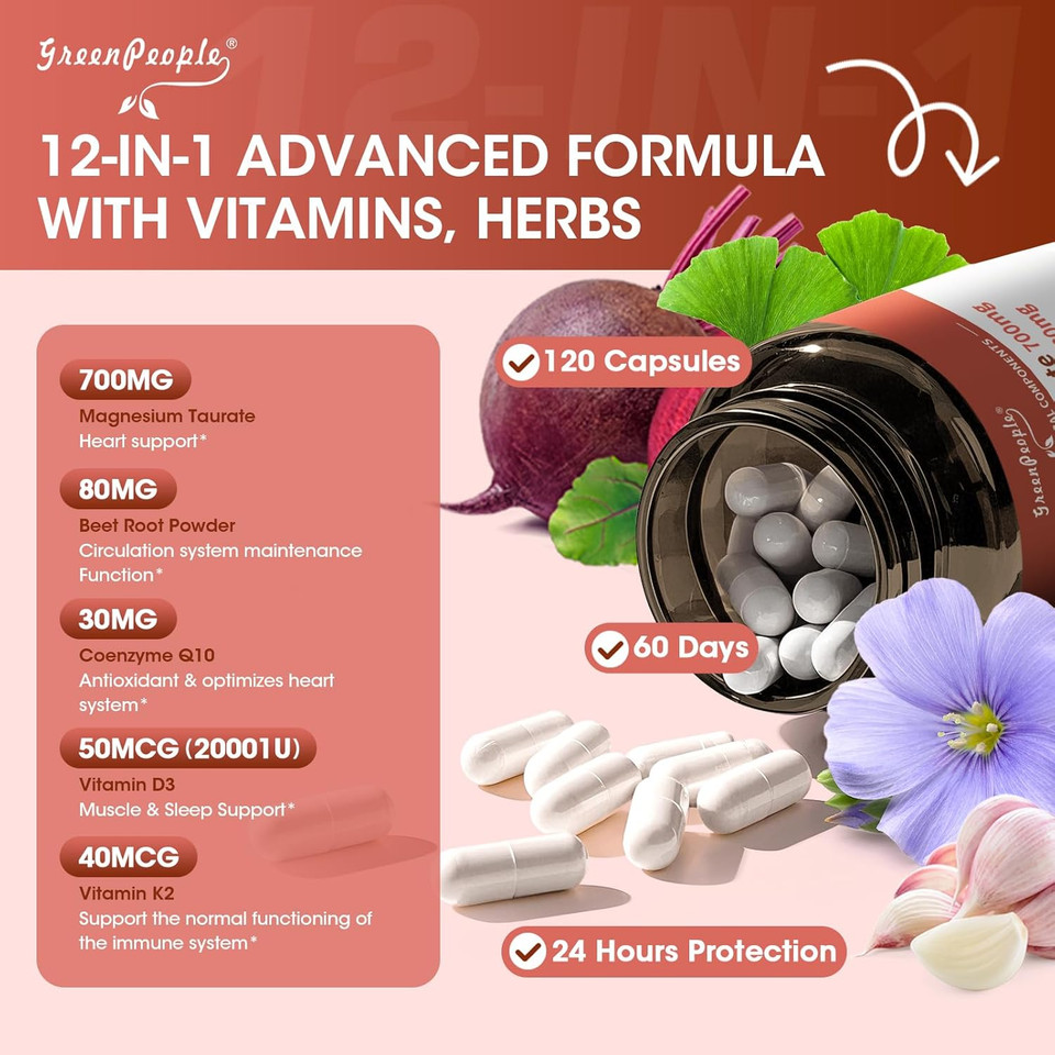 Magnesium Taurate Capsules, 12-In-1 Complex - Beet Root, Coq10, Resveratrol For Heart Support, Immue Support, High Absorption Magnesium Taurate Complex Supplement For Men And Women, 120 Capsules