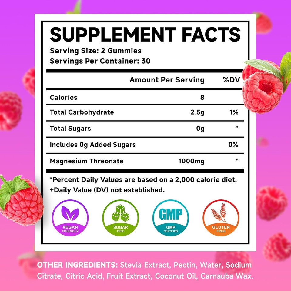 Magnesium Threonate Gummies 1000Mg, Magnesium L-Threonate Supplement For Kids & Adults, Muscle & Nervous System Support, Non-Gmo, Sugar-Free, Raspberry Flavor, 60 Count