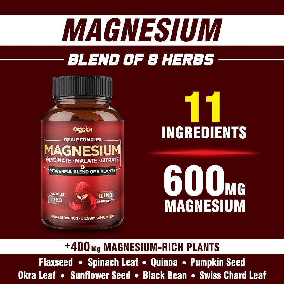 Magnesium Triple Complex - 600Mg Magnesium Glycinate, Malate & Citrate - Added Spinach, Swiss Chard & Others - Support Calm, Restful Mood & Muscle Cramp - 120 Capsules
