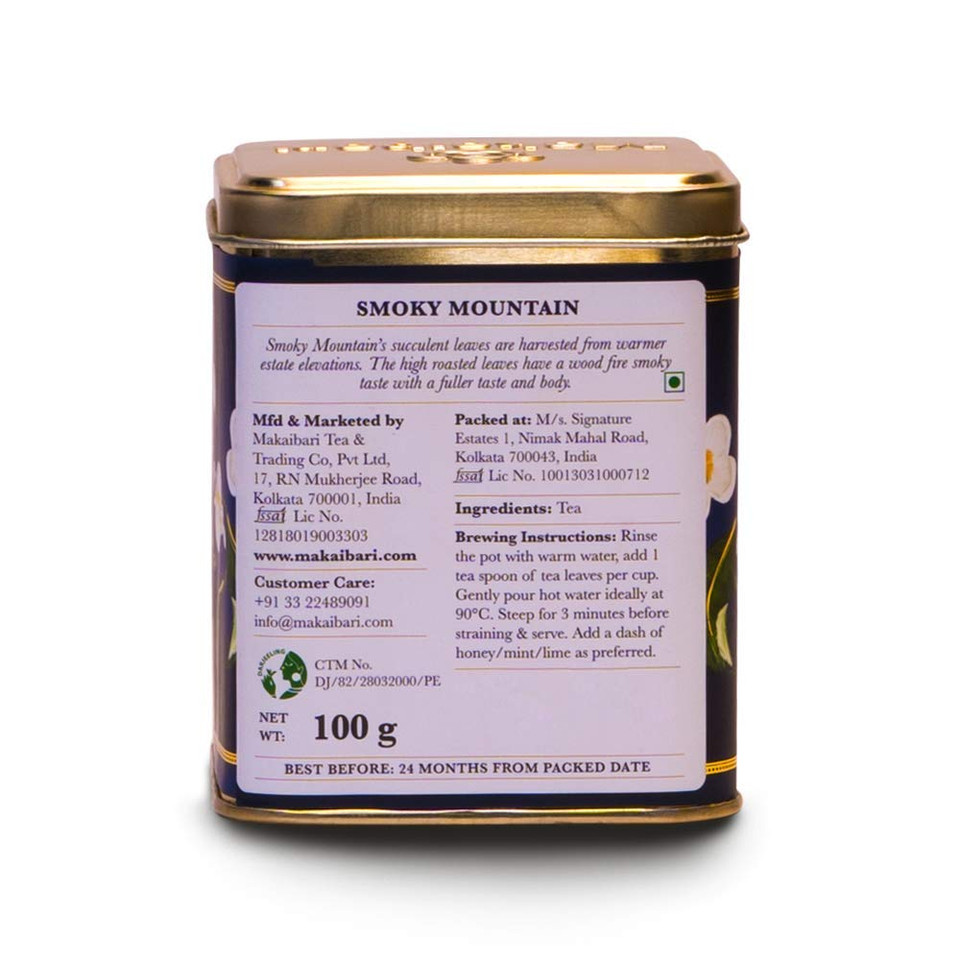 Makaibari Tea Treasures- Smoky Mountain, Organic Roasted Darjeeling Loose Leaf Black Tea Tin Caddy, 100 Grams