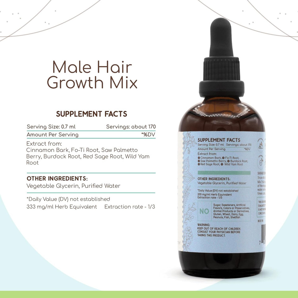 Male Hair Growth Mix B120 Alcohol-Free Extract, Liquid Drops Natural: Cinnamon Bark, Fo-Ti Root, Saw Palmetto Berry, Burdock Root, Red Sage Leaf, Wild Yam Root. MenS Hair Restore 4 Fl Oz