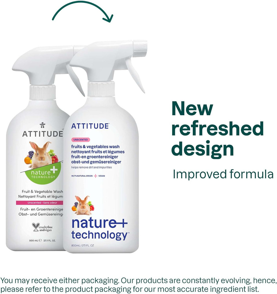 Attitude Fruit And Vegetable Wash, Removes Wax, Dirt And Impurities, Plant- And Mineral-Based, Vegan, Unscented, 27.1 Fl Oz