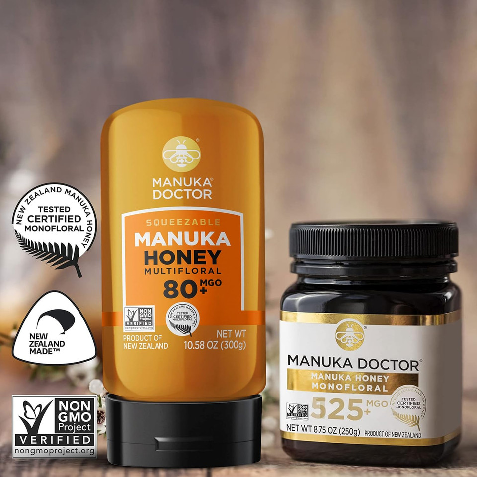 Manuka Doctor - Mgo 80+ Multifloral Squeezy And Mgo 525+ Monofloral Manuka Honey Value Bundle, 100% Pure New Zealand Honey. Certified. Guaranteed. Raw. Non-Gmo