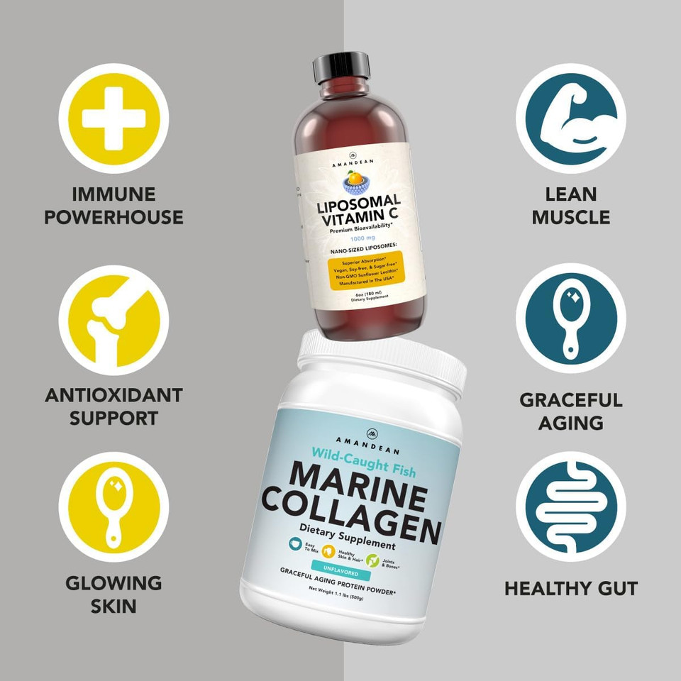 Marine Collagen Powder + Vitamin C - Perfect Skin From Within Combo. Wild-Caught Cod Fish Peptides, Liposomal Vit C Liquid 1000Mg. Boost Production And Synthesis For Healthy Aging, Beauty, Wellness
