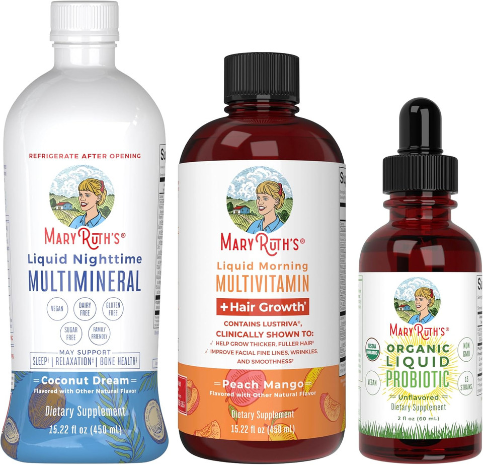 Maryruth'S Morning Multivitamin +Hair Growth (Peach Mango, 15Oz), Nighttime Multimineral (Coconut, 15Oz) & Probiotic Drops (2Oz) | Vegan Vitamins For Beauty, Bedtime, & Wellness | Non-Gmo